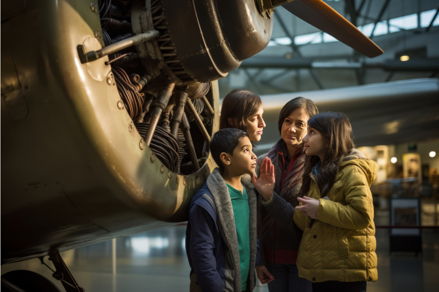 Curious family exploring an airplane propeller at an aviation exhibition